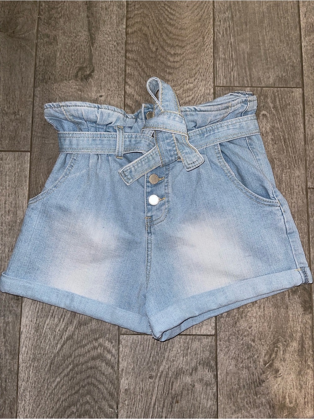 Revamped Light Blue Paperbag Waist Denim Shorts with Tie Belt